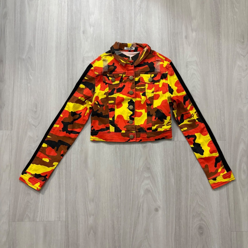 Fashion Nova Jacket Kids Orange Camo Cropped Denim Distressed RJK-2068 Small